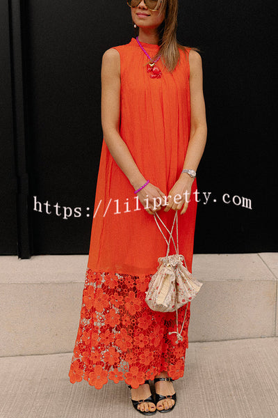 Breezy Comfort Tie-up Neck Sleeveless Floral Lace Hem Maxi Dress