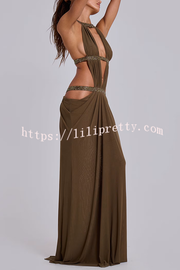 Khaki Hot-fix Rhinestone Shoulder Strap Cutout Design Backless Drape Maxi Dress