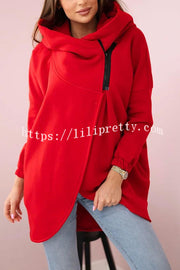 Solid Color Loose Hooded Zip-up Casual Sports Jacket