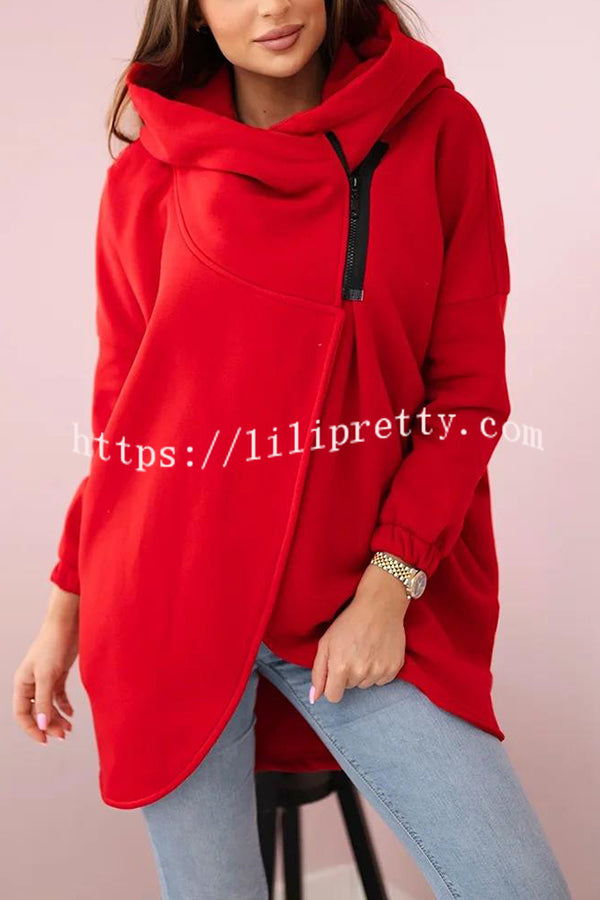 Solid Color Loose Hooded Zip-up Casual Sports Jacket