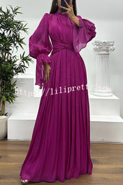 Ellah Shiny Fabric Chinese Stand Collar Twist Waist Balloon Sleeve Maxi Dress