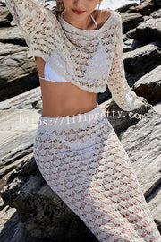 Solid Color Knitted Crew Neck Long Sleeve Top and Beach Cutout Cover Up Maxi Skirt Set