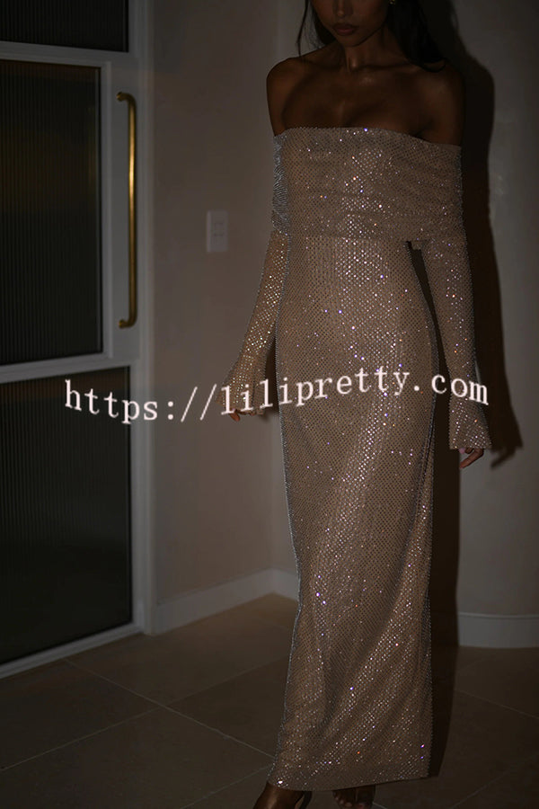 Sexy Shiny Off-The-Shoulder Long-Sleeved Fitted Maxi Dress