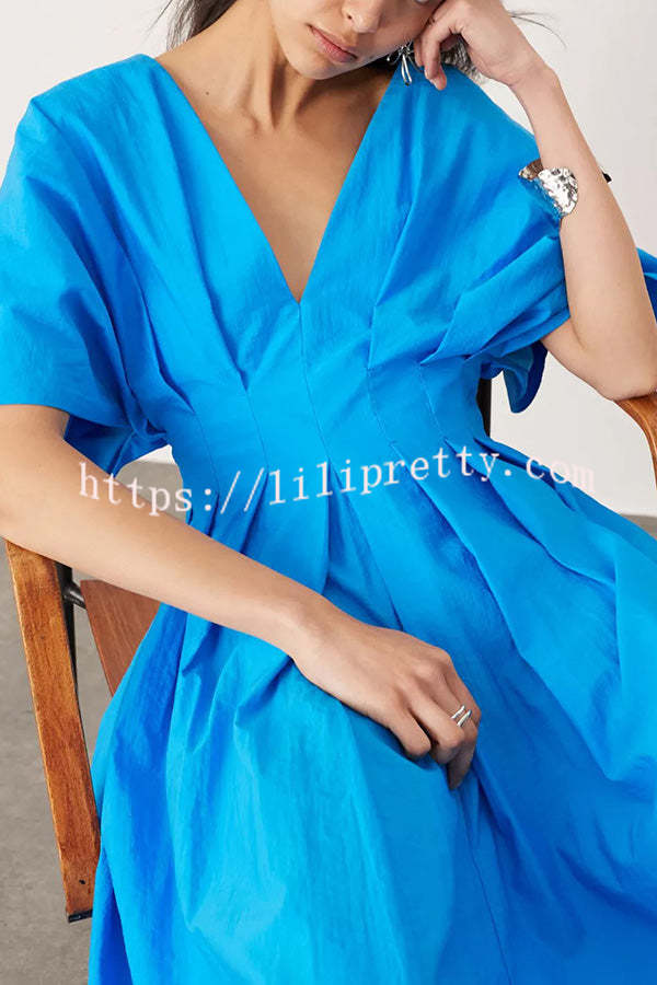 Lilipretty® Antibes Linen Blend Princess Line Pleated Wide Puff Sleeve Midi Dress