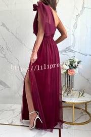 Feeling Galm Tulle Knotted One Shoulder Pleated Slit Maxi Dress