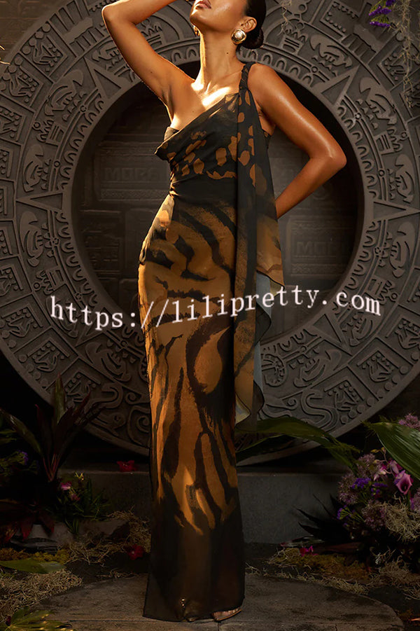 Unique Print Sexy One Shoulder Slim High Slit Maxi Dress