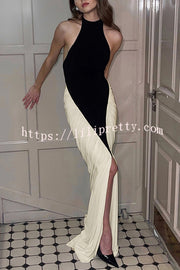 Fashionable Contrast Color Open Back Side Pleated Draped Maxi Dress