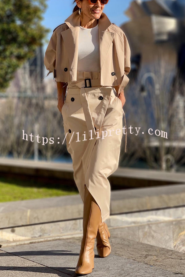 Work Style Lapel Long Sleeve Jacket and Button Belt Pocketed Slit Midi Skirt Set