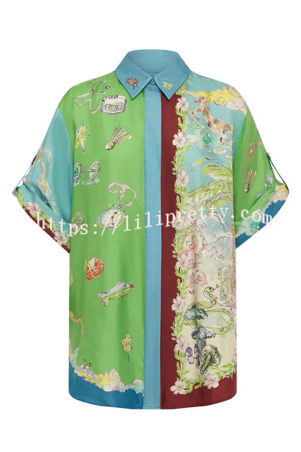 Unique Printed Lapel Short-sleeved Loose Shirt and Elastic Waist Tie Wide-leg Pants Set