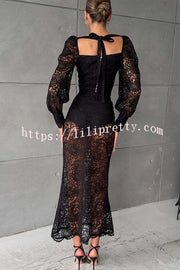 Timeless Moment Floral Lace Square Neck Button Up Balloon Sleeve Top