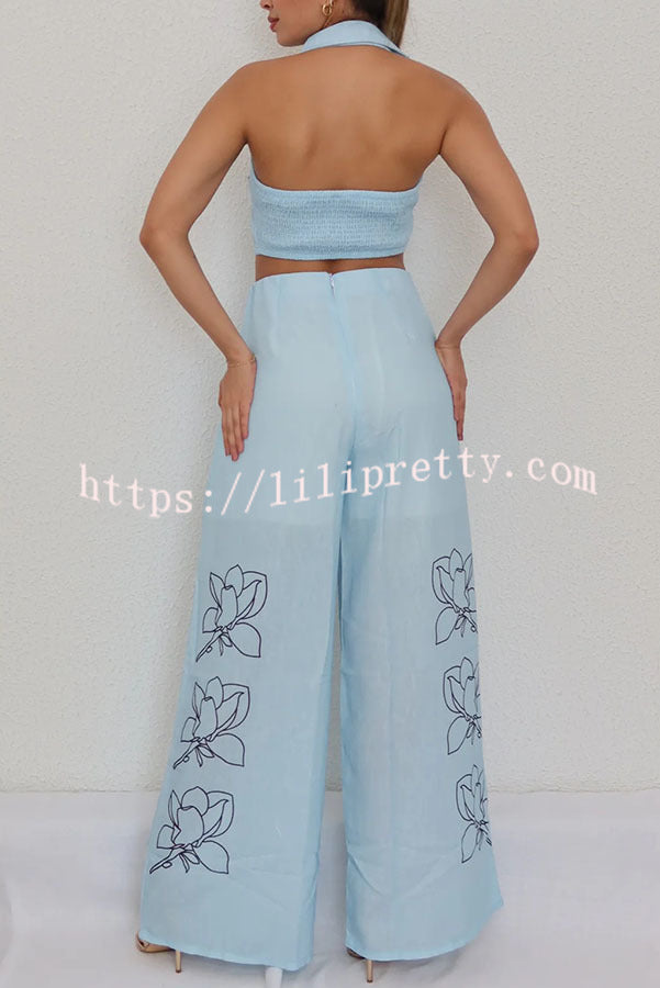 Ferrie Linen Blend Unique Print Tie-up Smocked Vest and High Rise Pocket Loose Pants Set