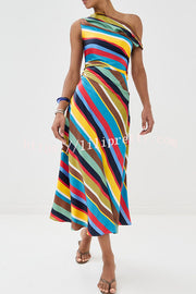 Sunkissed Satin Colourful Stripe Print One Shoulder Midi Dress