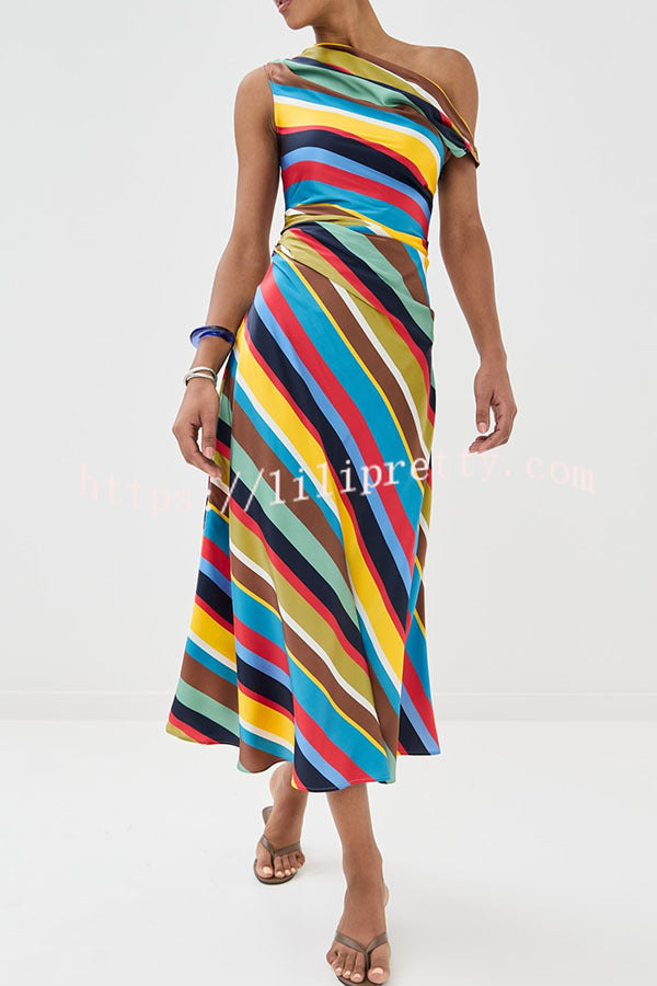 Sunkissed Satin Colourful Stripe Print One Shoulder Midi Dress