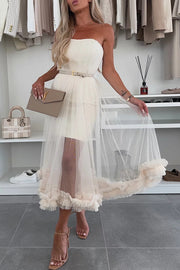 Fairytale Charm Tulle Off Shoulder Ruffles Trim A-line Midi Dress