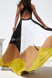 Fashion Colorblock Sexy Backless Tie Waist Full Hem Maxi Dress