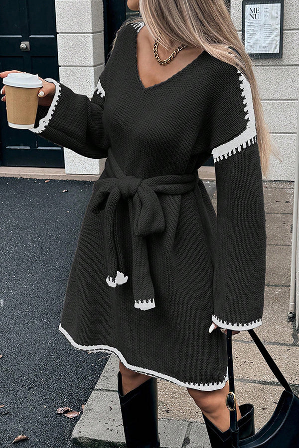 Stylish Loose-fitting Long-sleeved Tie-waist Knit Mini Dress