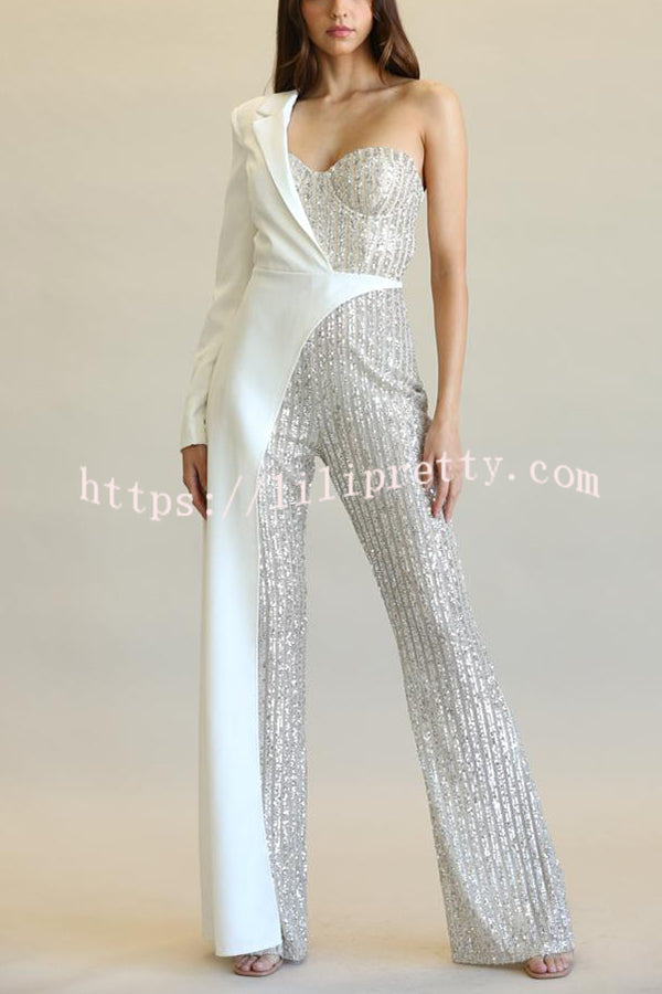 Fashionable Sequined Patchwork One-sided Long-sleeved Asymmetrical Jumpsuit