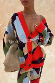 Bright and Bold Knit Abstract Color Blocks Button Long Sleeve Loose Cardigan