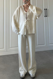 Solid Color V-neck Tie Long-sleeved Loose Knit Cardigan and Elastic Waist Casual Straight Leg Pants Set
