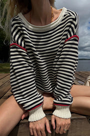Fashion Striped Colorblock Loose Round Neck Long-sleeved Knitted Sweater