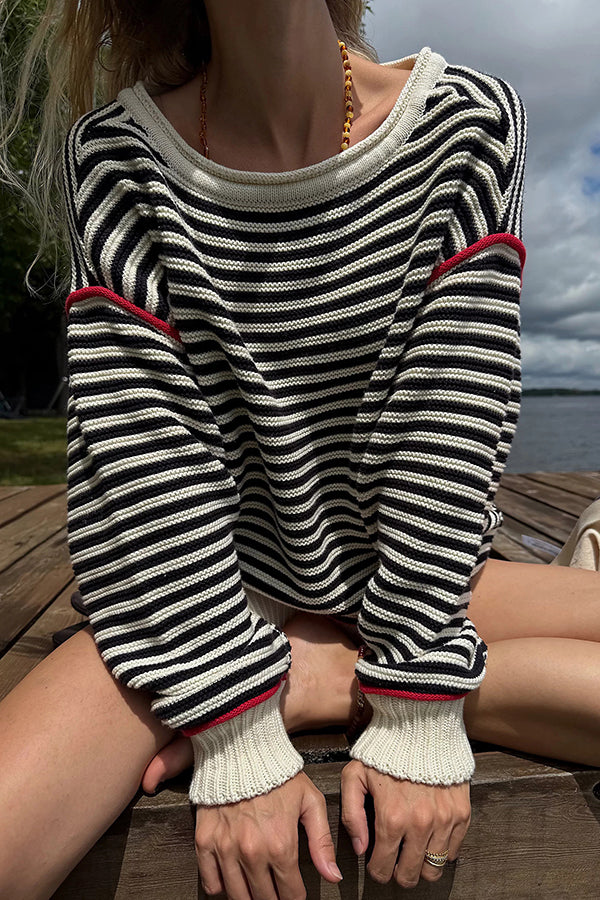 Fashion Striped Colorblock Loose Round Neck Long-sleeved Knitted Sweater