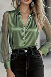 Satin Solid Color Collared Long-Sleeve Casual Shirt
