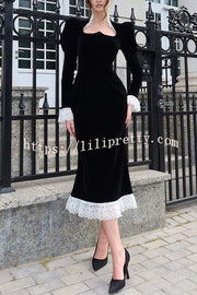 Baroque Style Velvet Lace Trim Sweetheart Neck Long Sleeve Flare Midi Dress
