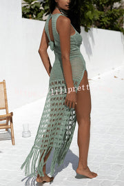 Lilipretty Sunset Cocktail Knit Crochet Tassel Trim Cover-up Maxi Dress