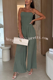 Linen Blend Solid Color Off-the-shoulder Pleated Casual Pocket Wide-leg Jumpsuit