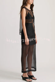 Embraces Modern Sheer Organza Pocket Oversized Tank and High Rise Slit Midi Skirt Set