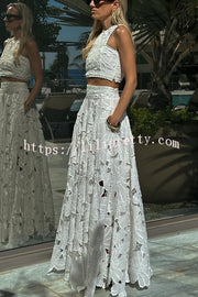 Next Trip Floral Embroidery Crochet Lace Elastic Waist Pocket Maxi Skirt