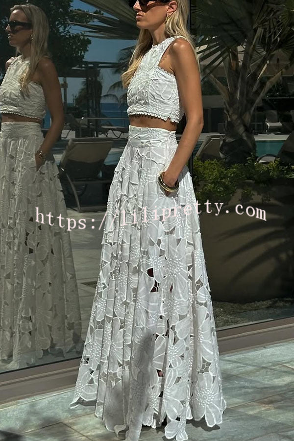 Next Trip Floral Embroidery Crochet Lace Elastic Waist Pocket Maxi Skirt