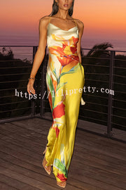 Luisa Satin Floral Print Cowl Neck Sexy Open Back Tie-up Maxi Dress