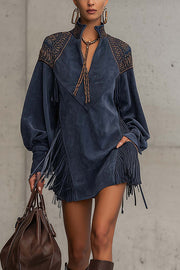 Stylish Suede V-neck Long-sleeved Tassel Loose Mini Dress