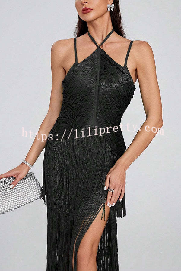 Sexy Halterneck Open Back Elegant Tassel Slim Maxi Dress