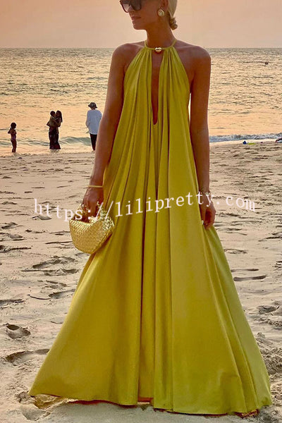 Lilipretty Greek Goddess Distinctive Golden Halter Neck A-line Maxi Dress