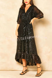 Solid Color Sequined V-neck Waist Tie Loose Maxi Dress