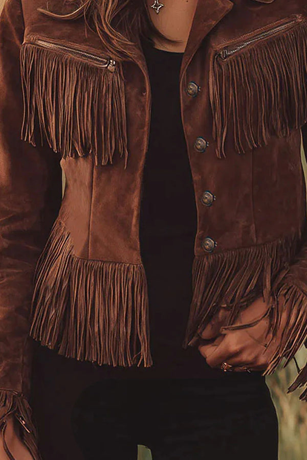 Retro-style Lapel Long-sleeved Tassel Casual Short Jacket