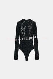 Anna Semi-sheer Lace Long Sleeve Back Bow Tie-up Cutout Stretch Bodysuit