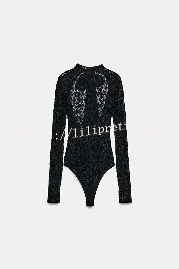 Anna Semi-sheer Lace Long Sleeve Back Bow Tie-up Cutout Stretch Bodysuit