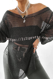 Solid Color Loose Long Sleeve Hollow Knit Cover-up Top