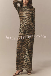 Winston Animal Print High-neck Long Sleeve Ruched Hip Stretch Maxi Dress