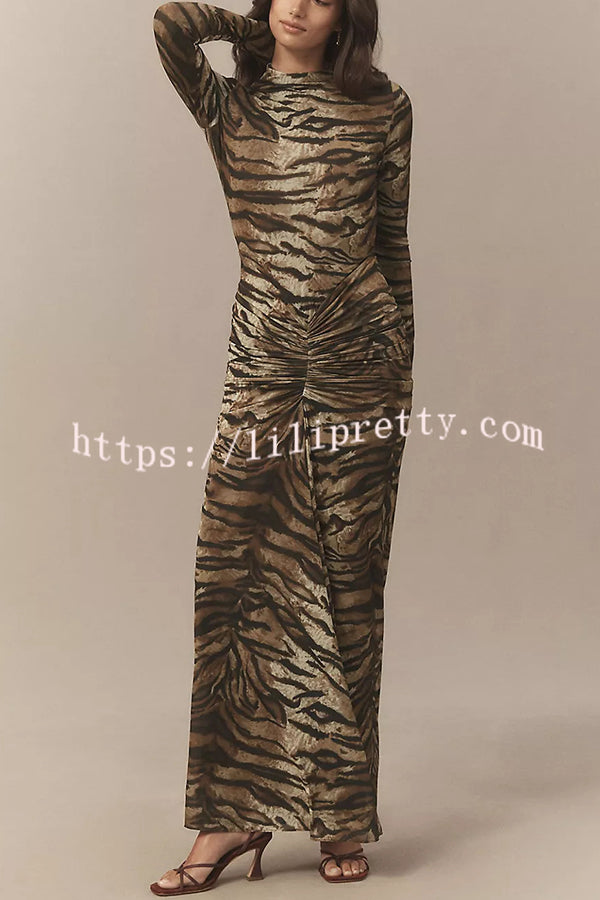 Winston Animal Print High-neck Long Sleeve Ruched Hip Stretch Maxi Dress