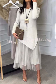 Jensine Ribbed Knit Long Sleeve Irregular Hem Loose Sweater