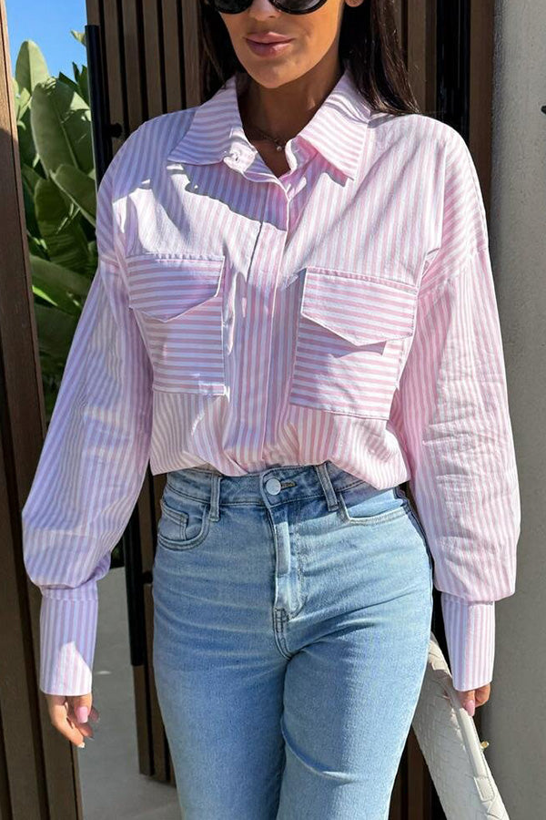 Stripe Print Lapel Long Sleeve Pocket Casual Shirt