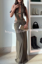 Khaki Hot-fix Rhinestone Shoulder Strap Cutout Design Backless Drape Maxi Dress