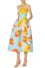 Floral Print Off Shoulder Backless Elegant Midi Dress