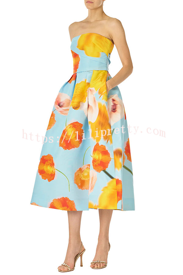 Floral Print Off Shoulder Backless Elegant Midi Dress