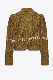 Palace Style Crochet Flower Lace Stand Neck Button Puff Sleeve Jacket