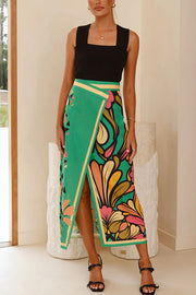 Plant Print Sexy Slit Casual Holiday Midi Skirt